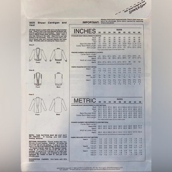 CHECK PATTERN!!!! Stretch & Sew Pattern 5625 Shawl Cardigan and Vest - Picture 2 of 2
